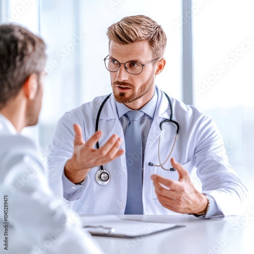 A doctor in a consultation discussing health with a patient in a modern medical environment.