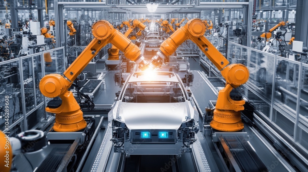 Motor manufacturing plant with advanced robotic assembly lines, precise machinery, and modern industrial design. Motor manufacturing plant with advanced robotic assembly lines, precise machinery, and modern industrial design.
