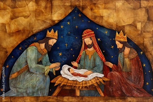 Birth of Jesus Christ. Nativity scene with three wise men magi visiting baby Jesus in the manger. Ai generative