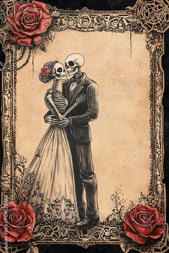 Eternal love the symbolism of life and death in a skeleton couple embracing amidst roses and lace photo