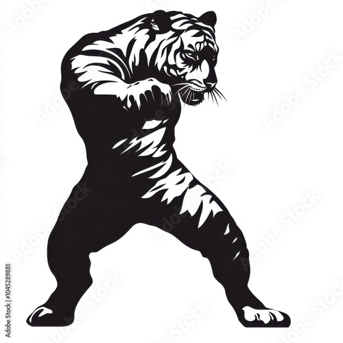 Silhouette vector illustration of a tiger, on white background, 2d flat illustration, ideal for martial arts logos, tattoo designs, and motivational posters. photo