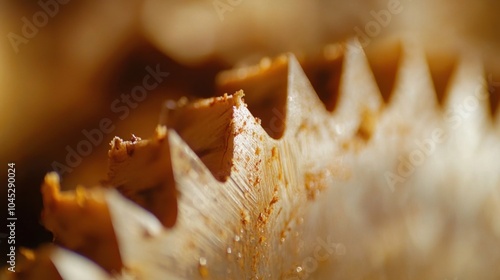 A close-up shot of the hole saw's teeth, capturing the details and sharpness, with the surrounding area softly blurred. photo