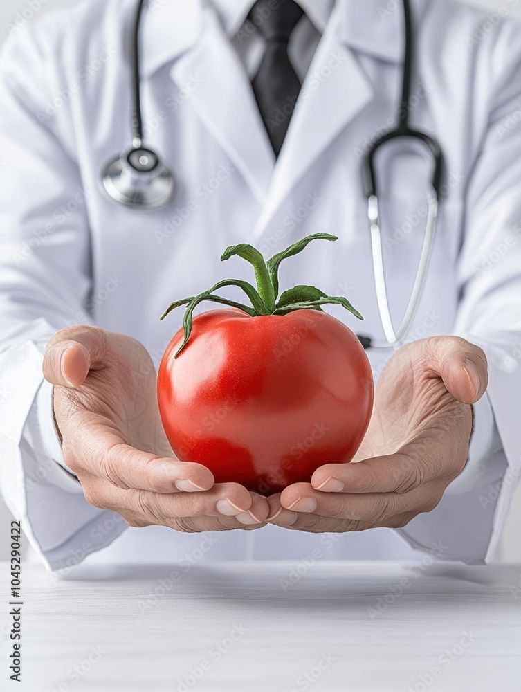 Doctor holding a fresh red tomato with both hands, representing health and nutrition. Doctor holding a fresh red tomato with both hands, representing health and nutrition.