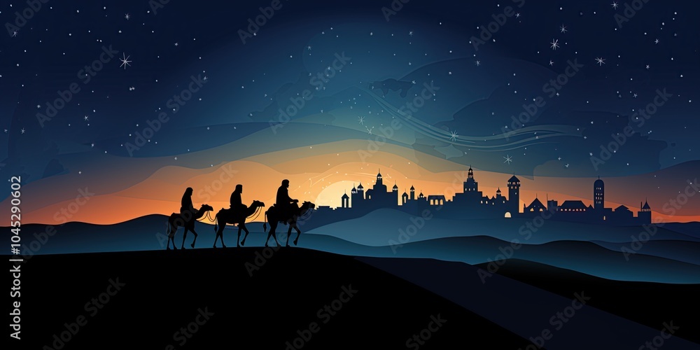 Fototapeta premium Christmas Nativity Scene Of Three Wise Men Magi Going To Meet Baby Jesus in the Manger with the City of Bethlehem in the distance. Ai Generative