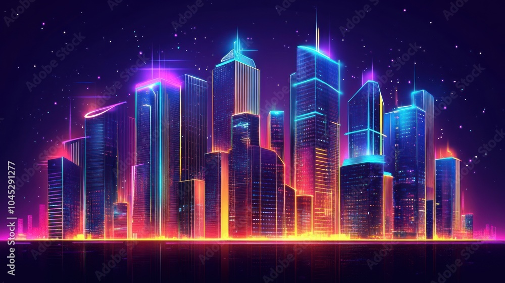Neon cityscape background with glowing buildings, capturing a futuristic urban vibe. Neon cityscape background with glowing buildings, capturing a futuristic urban vibe.