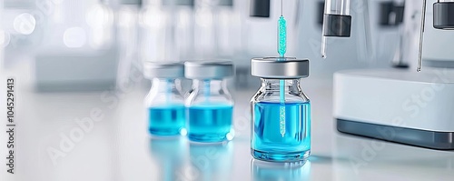 Medicine infused with nanoparticles, close-up of fluid injections with glowing nanomaterials, a spotless lab with neutral white and soft blue tones