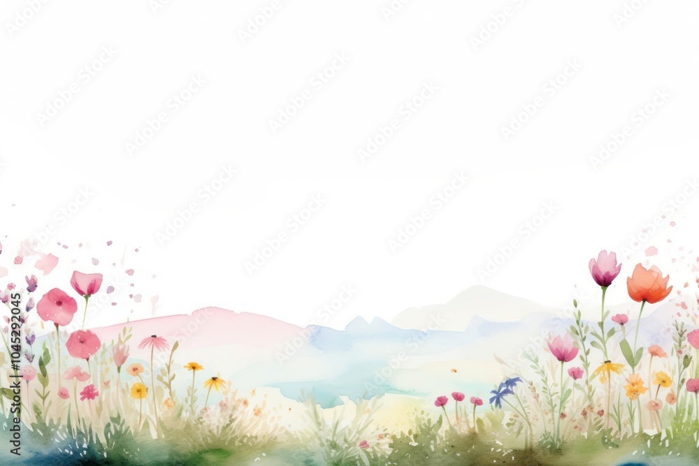 Minimal spring flower landscape with shape edge in bottom border nature outdoors painting. Minimal spring flower landscape with shape edge in bottom border nature outdoors painting.