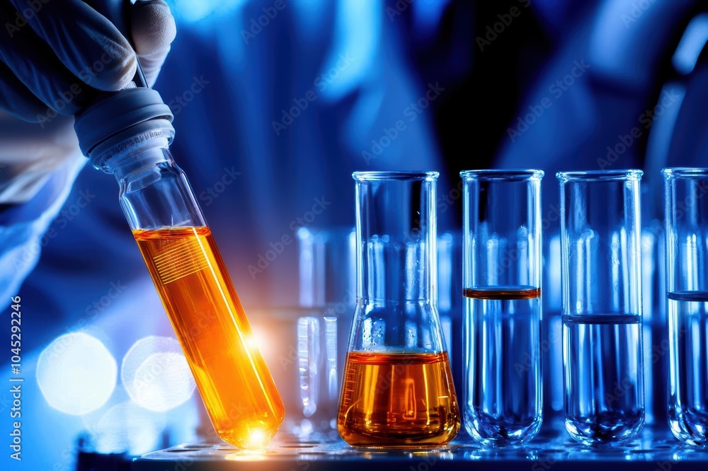 Scientist holding test tube with orange liquid, laboratory equipment in background, blue lighting. Scientist holding test tube with orange liquid, laboratory equipment in background, blue lighting.