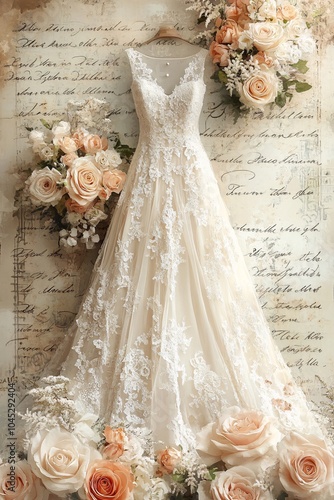 Elegant wedding dress displayed amidst beautiful floral arrangements and vintage lettering perfect for bridal inspiration and wedding planning