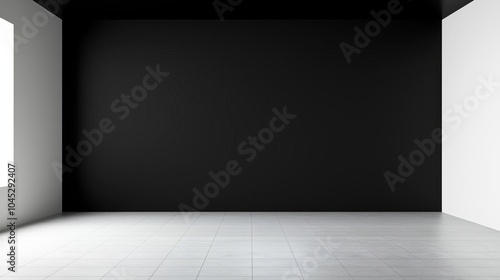 Modern interior showcasing a black wall with contrasting white walls and a tiled floor, perfect for artistic displays or minimalist settings.