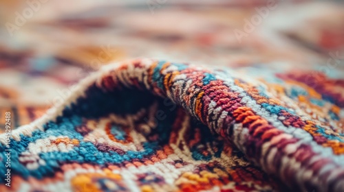 Macro shot of a rare, hand-knotted Persian rug, focusing on the intricate patterns and vibrant dyes of the wool threads.