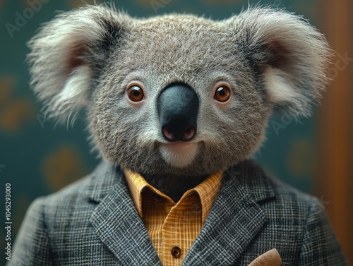 Close-up of an anthropomorphic koala in a smart suit, showcasing calmness and reliability for therapy and support roles. Detailed view of suit and koala. photo