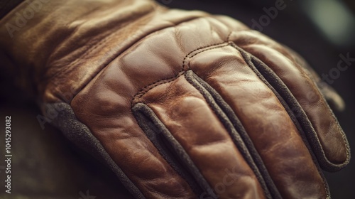 A close-up shot of the gloves' stitching, capturing the details and quality, with the surrounding area softly blurred. photo