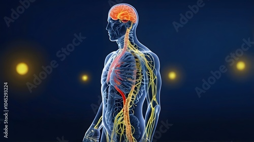 Human Nervous System Highlighting Spine and Nerve Pathways , Medical and Anatomical Representation of Neurology and Health Science	 photo