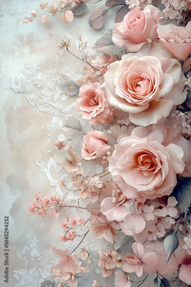 Delicate pink roses and soft floral accents a stunning display of nature's beauty in a serene arrangement Delicate pink roses and soft floral accents a stunning display of nature's beauty in a serene arrangement