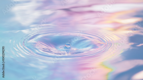 A tranquil card showing a single, large water droplet hitting a smooth surface, creating concentric ripples with a rainbow arc forming over the splash. 