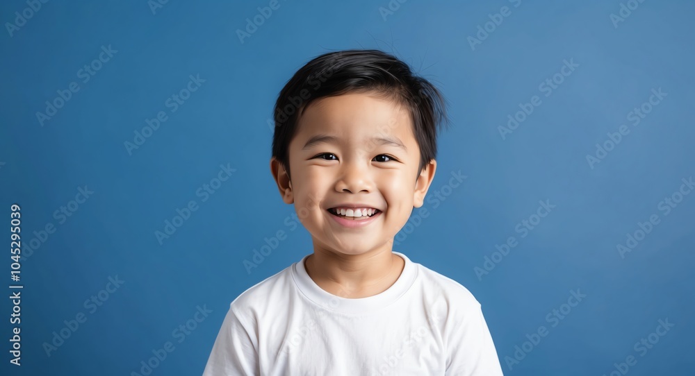 southeast asian kid boy blue background wearing plain white tshirt smiling happy portrait southeast asian kid boy blue background wearing plain white tshirt smiling happy portrait