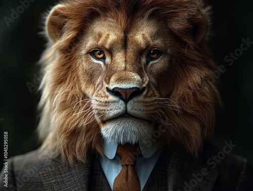 Close-up of an anthropomorphic lion in a tailored suit, showcasing power and authority for corporate branding and leadership. Detailed view of suit and lion. photo