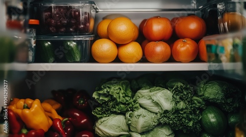 A well-lit refrigerator filled with fresh fruits and vegetables, including apples, oranges, lettuce, and bell peppers, organized perfectly on shelves and in crisper drawers, healthy and vibrant photo