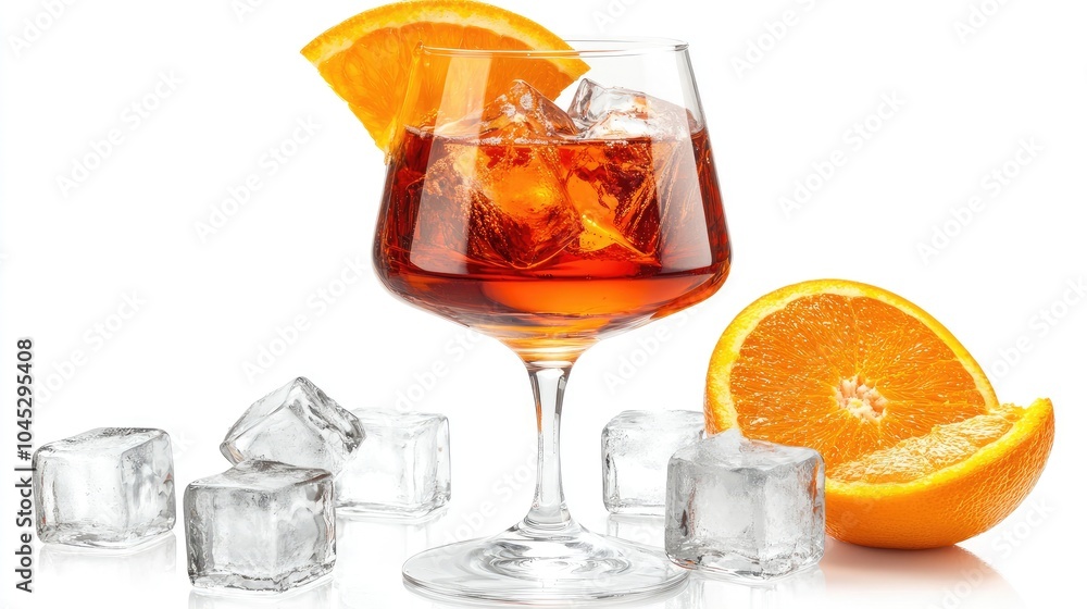 A refreshing drink with ice and an orange slice, perfect for relaxation. A refreshing drink with ice and an orange slice, perfect for relaxation.