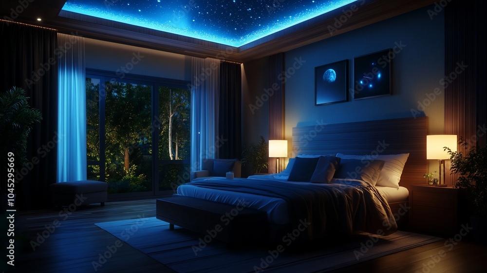 Modern bedroom with starry night ceiling, comfortable bed, and large windows overlooking a lush garden. Modern bedroom with starry night ceiling, comfortable bed, and large windows overlooking a lush garden.