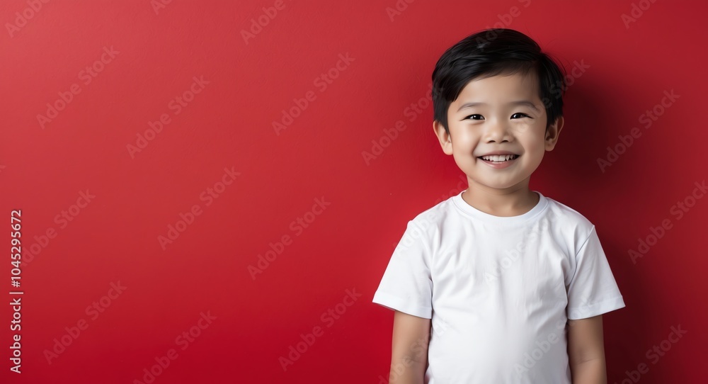 southeast asian kid boy red background wearing plain white tshirt smiling happy portrait southeast asian kid boy red background wearing plain white tshirt smiling happy portrait