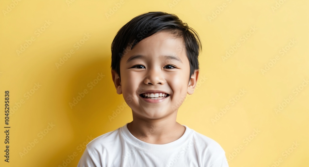 southeast asian kid boy yellow background wearing plain white tshirt smiling happy portrait southeast asian kid boy yellow background wearing plain white tshirt smiling happy portrait
