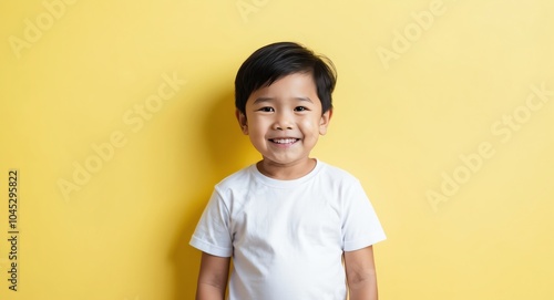 southeast asian kid boy yellow background wearing plain white tshirt smiling happy portrait