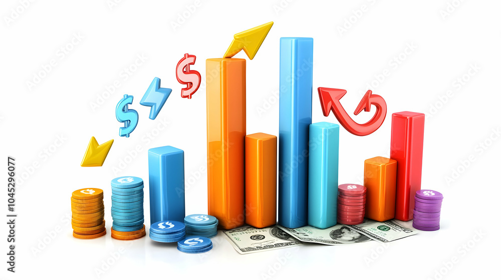 3D Vector Bar Graph Dollar Signs Discount Arrows Financial Growth Infographic Business Advertising Performance Icon Isolated White Background Dynamic Illustration 3D Vector Bar Graph Dollar Signs Discount Arrows Financial Growth Infographic Business Advertising Performance Icon Isolated White Background Dynamic Illustration