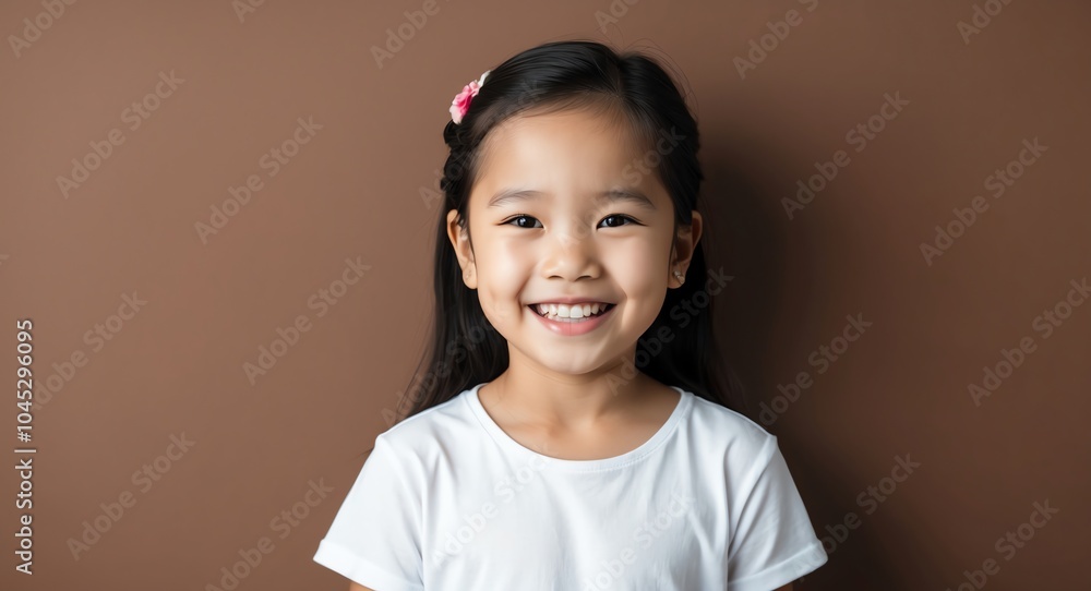 southeast asian kid girl brown background wearing plain white tshirt smiling happy portrait southeast asian kid girl brown background wearing plain white tshirt smiling happy portrait