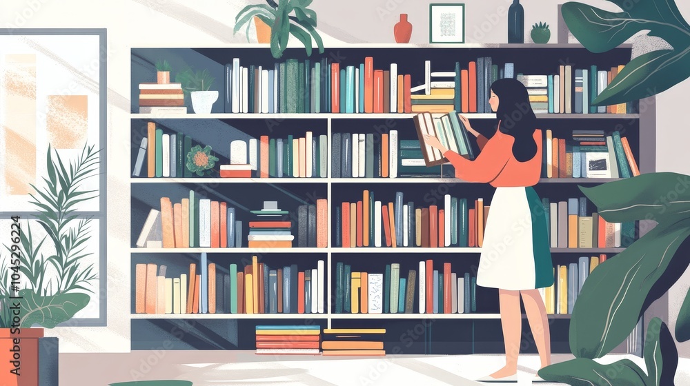 A young woman tidying up a bookshelf in a spacious, well-lit room, carefully arranging books and decor, with a sense of order and cleanliness in a modern home setting A young woman tidying up a bookshelf in a spacious, well-lit room, carefully arranging books and decor, with a sense of order and cleanliness in a modern home setting
