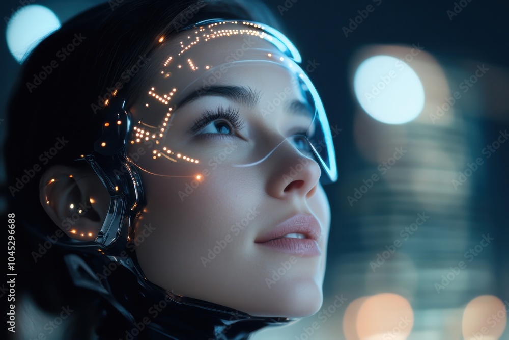 A high-tech helmet featuring an illuminated interface symbolizes the fusion of cutting-edge technology and human adaptability, set against an urban landscape. A high-tech helmet featuring an illuminated interface symbolizes the fusion of cutting-edge technology and human adaptability, set against an urban landscape.
