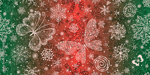Vector seamless striped Christmas hand drown gradient pattern with snowflakes and butterflies
