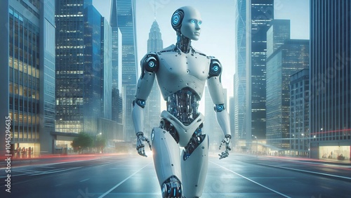 A humanoid robot is walking in a metropolis full of skyscrapers. 