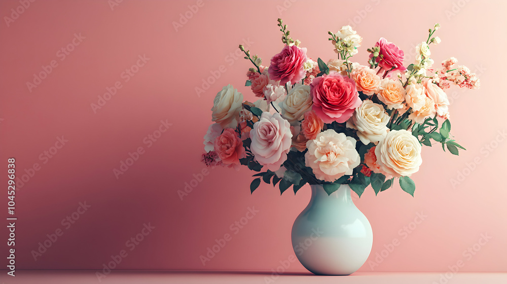 Fototapeta premium Elegant Flower Arrangement Featuring Pastel-Colored Roses in a Soft Floral Display