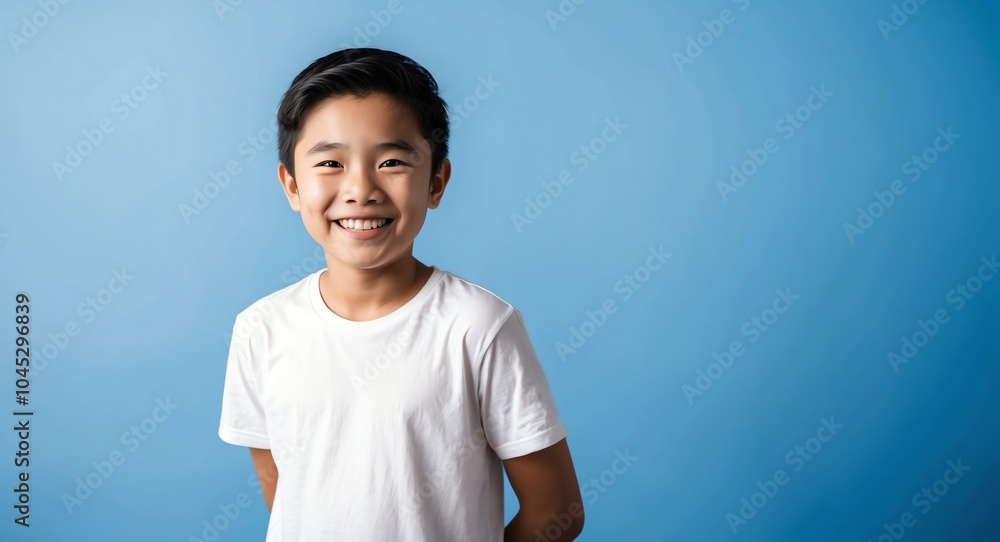 southeast asian teen boy blue background wearing plain white tshirt smiling happy portrait southeast asian teen boy blue background wearing plain white tshirt smiling happy portrait