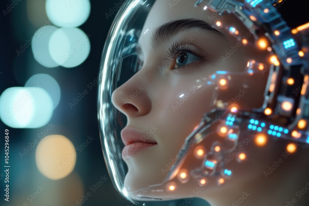 Futuristic helmet with glowing circuit design elements captures the blend of modern technology and innovation within a visually striking and elegant portrait. Futuristic helmet with glowing circuit design elements captures the blend of modern technology and innovation within a visually striking and elegant portrait.