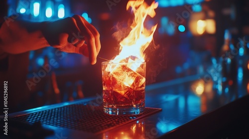 An experienced barman igniting a cocktail with fire at a trendy bar, flames lighting up the glass on the counter, with the hands working in precision, the club's ambient lights adding to  photo