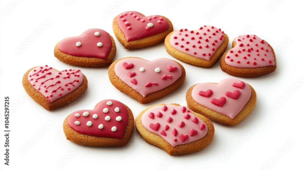 Heart-shaped Valentine cookies with red and pink icing, perfect for 2025 celebrations, isolated on white background Heart-shaped Valentine cookies with red and pink icing, perfect for 2025 celebrations, isolated on white background