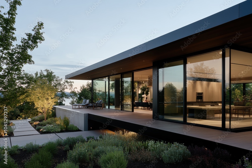 A stunning modern lakeside home featuring expansive glass windows and beautifully landscaped gardens with lush greenery overlooking a serene water body. A stunning modern lakeside home featuring expansive glass windows and beautifully landscaped gardens with lush greenery overlooking a serene water body.