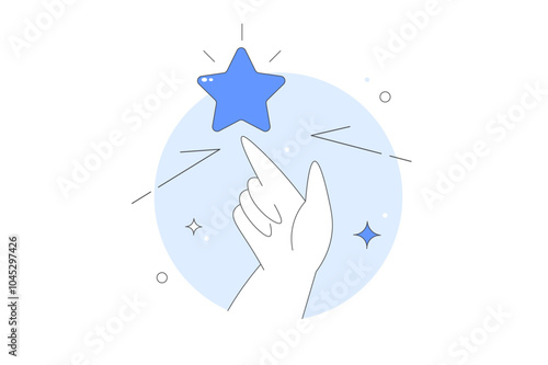 A hand points a star. Feedback and review concept. Character giving positive feedback. Customer satisfaction. Vector Illustration, icon. Stylish, Minimalist line, abstract