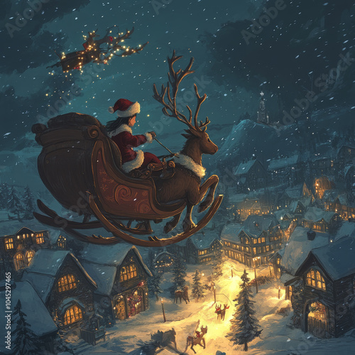 Illustration of Santa Claus Riding a Sled at Night