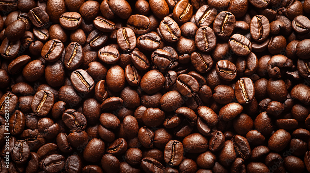 Naklejka premium Fresh roasted coffee beans background with detailed texture, macro photography
