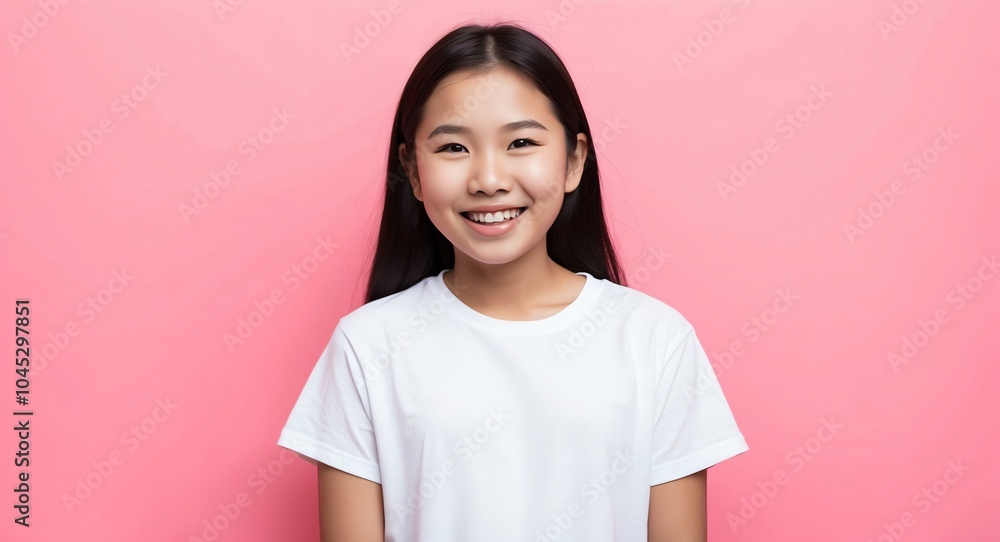 southeast asian teen girl pink background wearing plain white tshirt smiling happy portrait southeast asian teen girl pink background wearing plain white tshirt smiling happy portrait