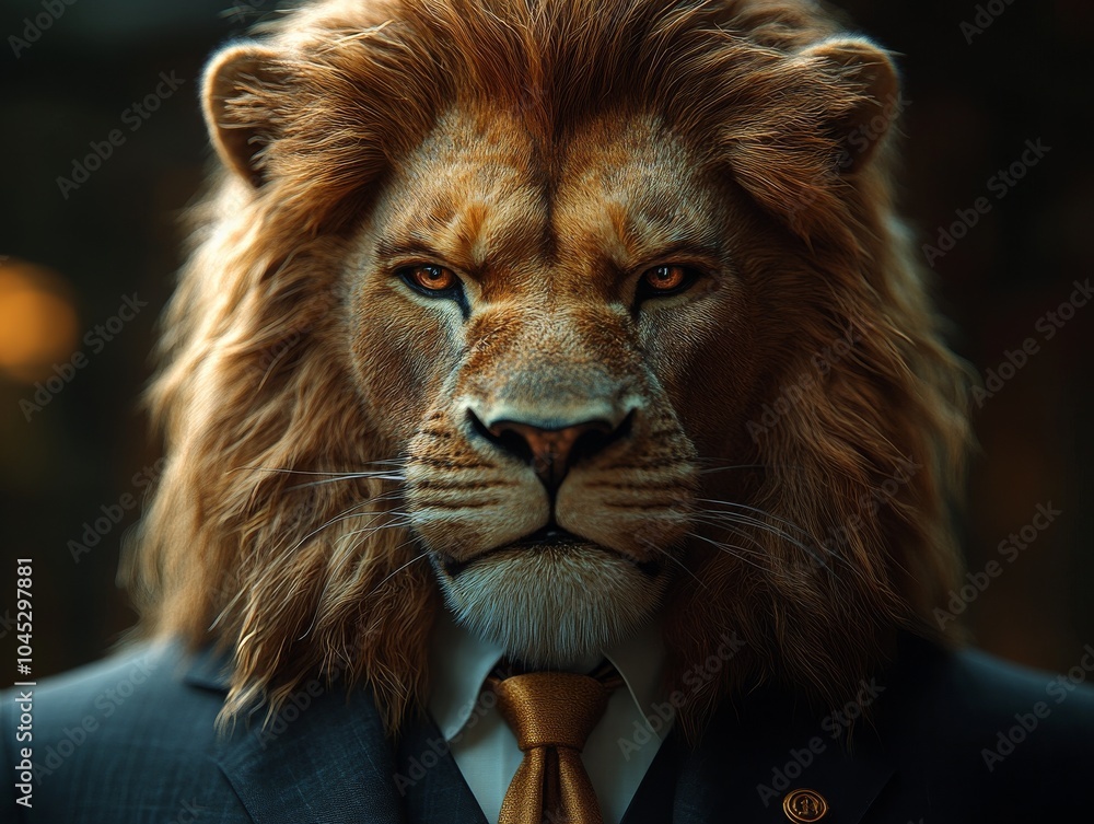 Close-up of an anthropomorphic lion in a formal suit, showcasing authority and confidence for leadership roles and corporate settings. Detailed view of suit and lion. Close-up of an anthropomorphic lion in a formal suit, showcasing authority and confidence for leadership roles and corporate settings. Detailed view of suit and lion.