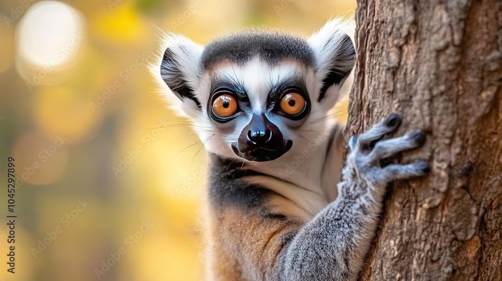 A curious-looking ring-tailed lemur climbing a tree A curious-looking ring-tailed lemur climbing a tree