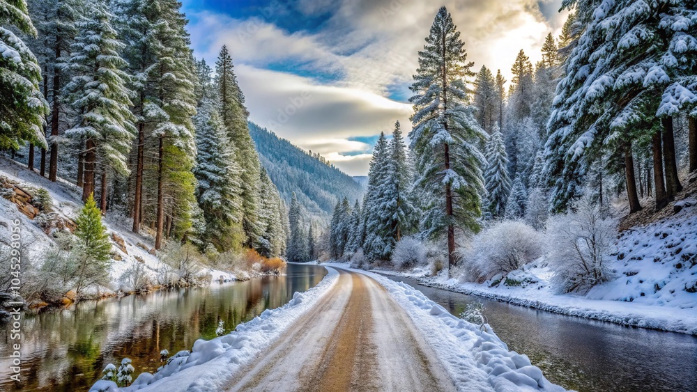 Snowy dirt road along Upper Applegate River in Southern Oregon with shallow depth of field. Snowy dirt road along Upper Applegate River in Southern Oregon with shallow depth of field.