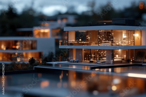 A stunning contemporary glass house glows warmly in the serene evening light, surrounded by lush greenery and modern luxurious architectural design elements. photo