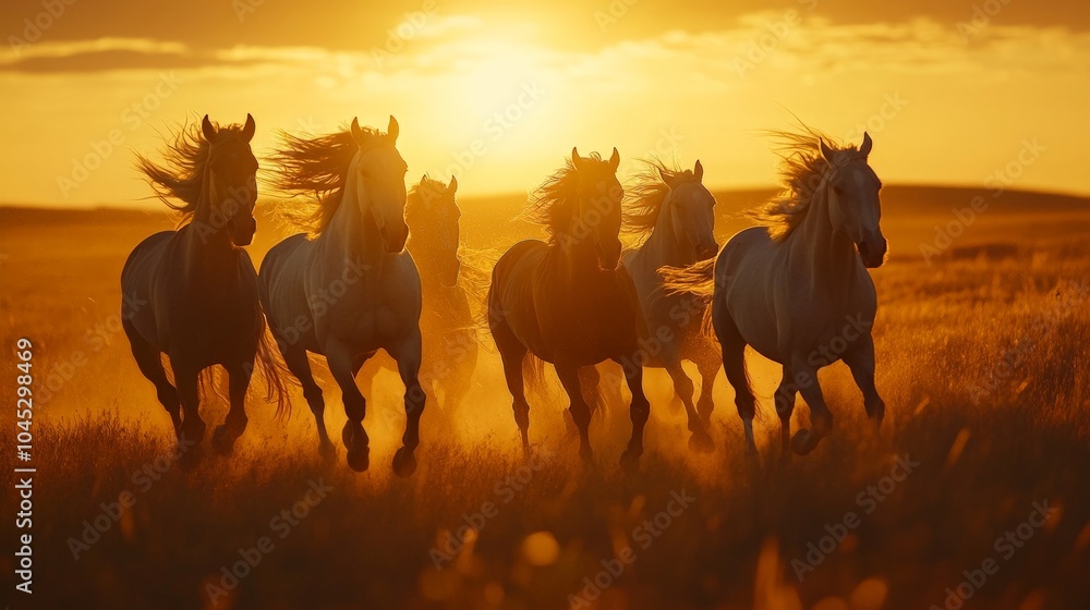 Seven powerful horses running in unison across an open field, their manes flowing in the wind, with a sunset casting a golden glow on the scene, highlighting the energy and freedom of the moment Seven powerful horses running in unison across an open field, their manes flowing in the wind, with a sunset casting a golden glow on the scene, highlighting the energy and freedom of the moment