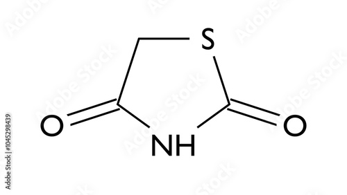 thiazolidinedione molecule, structural chemical formula, ball-and-stick model, isolated image antidiabetic